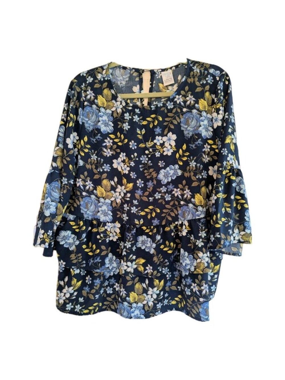 Time & Tru Blouse Top Women Size L Blue Floral Ruffle Layer 3/4 Bell Sleeve